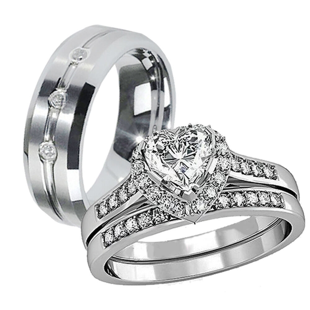 Tungsten Wedding Ring Sets
 Copule 3 Pcs Men s Tungsten Women s Stainless Steel