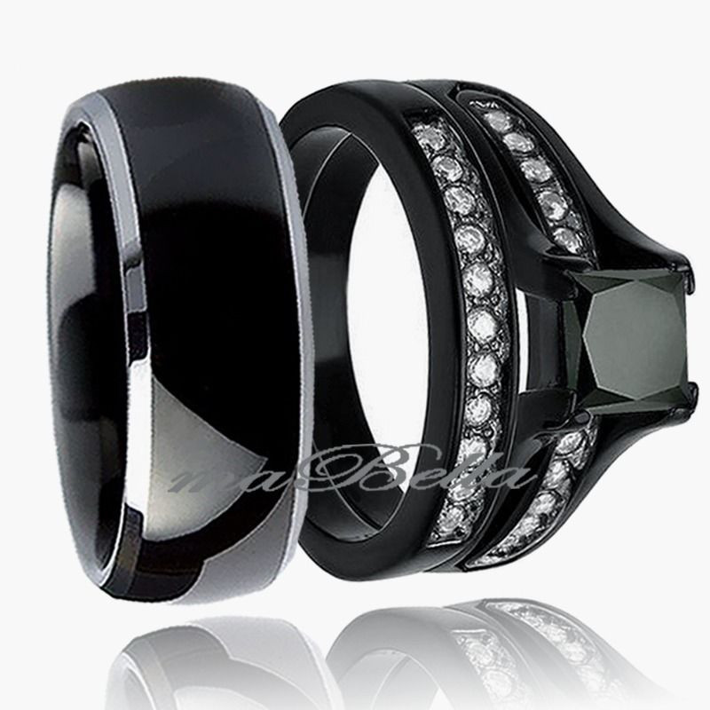 Tungsten Wedding Ring Sets
 Hers Black 925 Sterling Silver & His Tungsten engagement