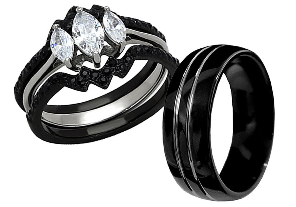Tungsten Wedding Ring Sets
 His Tungsten Hers Black Stainless Steel 4 Pcs Wedding
