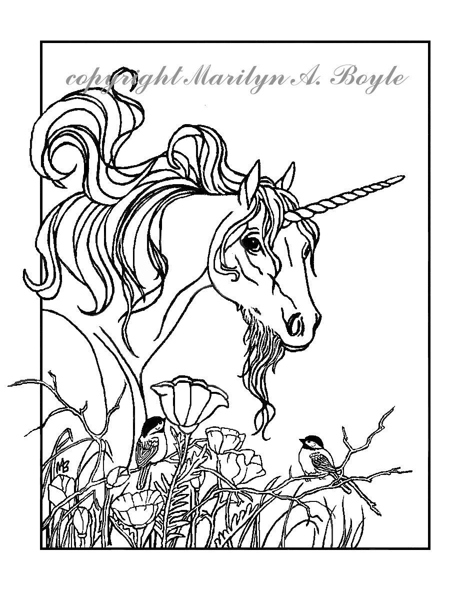 Unicorn Adult Coloring Books
 ADULT COLORING PAGE fantasy unicorn chickadees flowers