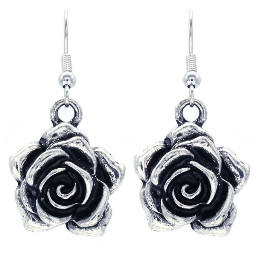 Vintage Diamond Earrings
 Vintage Antique Style Rose Flower Dangle Earrings Silver