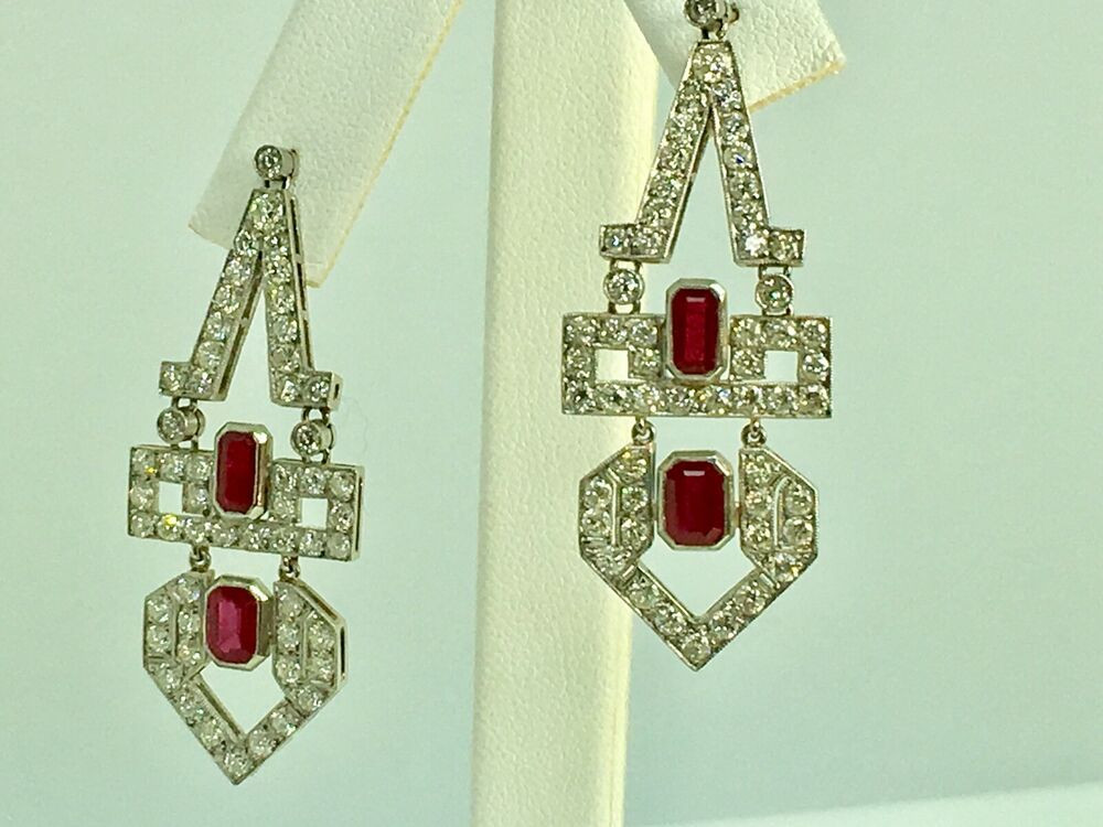 Vintage Diamond Earrings
 Antique Retro 8 00ct Dangle Natural Diamonds & Ruby