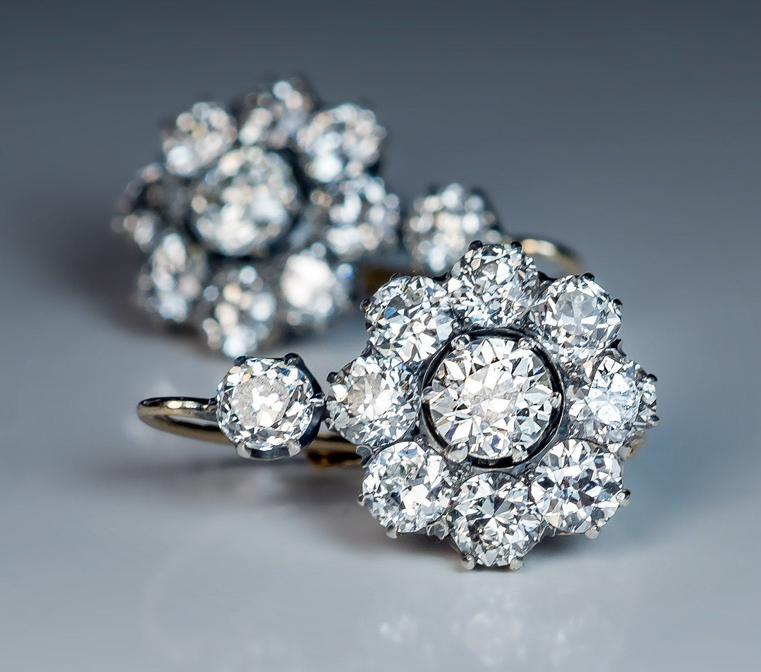 Vintage Diamond Earrings
 Pair of Impressive Antique Russian Diamond Cluster Earrings