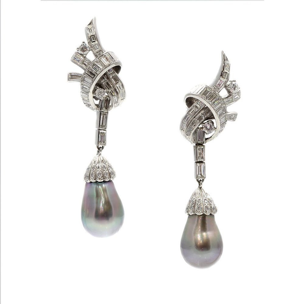 Vintage Diamond Earrings
 VINTAGE PLATINUM DIAMOND SOUTH SEA PEARL EARRINGS