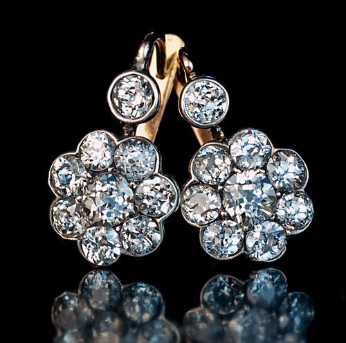 Vintage Diamond Earrings
 Vintage Russian Diamond Cluster Earrings