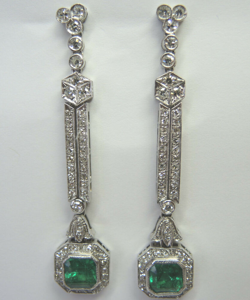 Vintage Diamond Earrings
 Antique Colombian Emerald Diamond Platinum Earrings Art