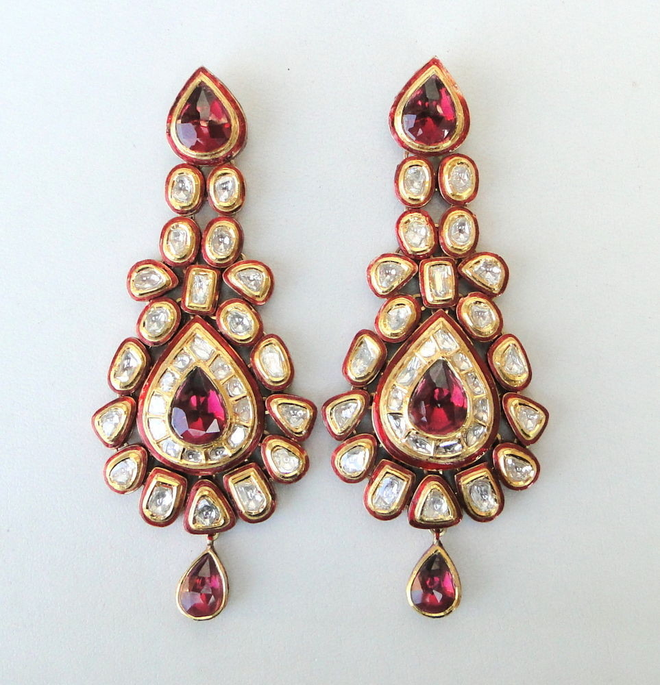 Vintage Diamond Earrings
 VINTAGE ANTIQUE 20K GOLD DIAMOND POLKI KUNDAN ENAMEL