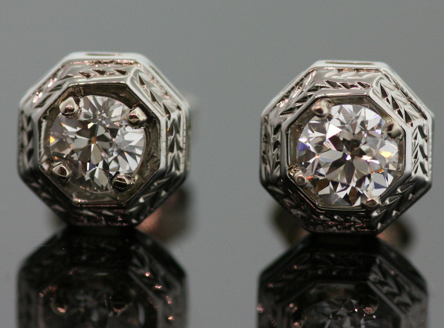Vintage Diamond Earrings
 Antique Diamond Stud Earrings 14K White Gold