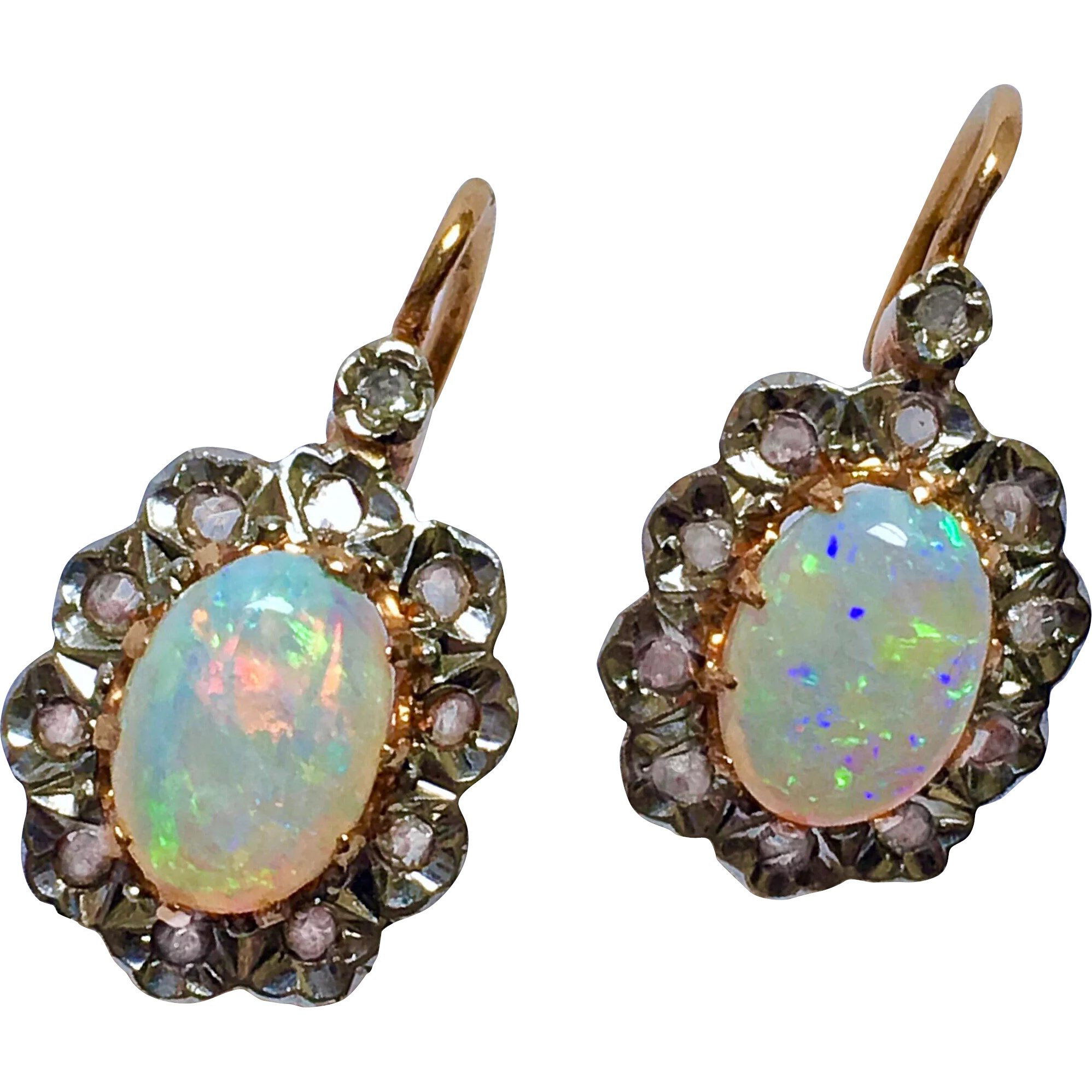 Vintage Diamond Earrings
 Antique French Victorian Diamond Opal 18K Gold Earrings