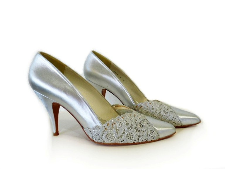 Vintage Wedding Shoes For Sale
 SALE Vintage STUART WEITZMAN Lace Silver Pumps Shoes Wedding