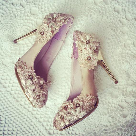 Vintage Wedding Shoes For Sale
 SALE Vintage Flower Lace Wedding Shoes with Champagne Gold