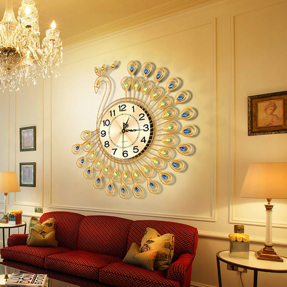 Wall Clock For Living Room
 USA Creative Metal Gold Peacock Wall Clock Living