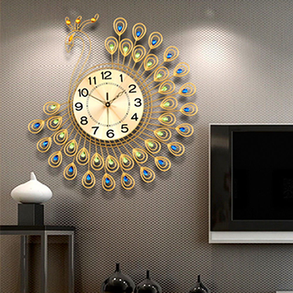Wall Clock For Living Room
 US Creative Gold Peacock Wall Clock Metal Living