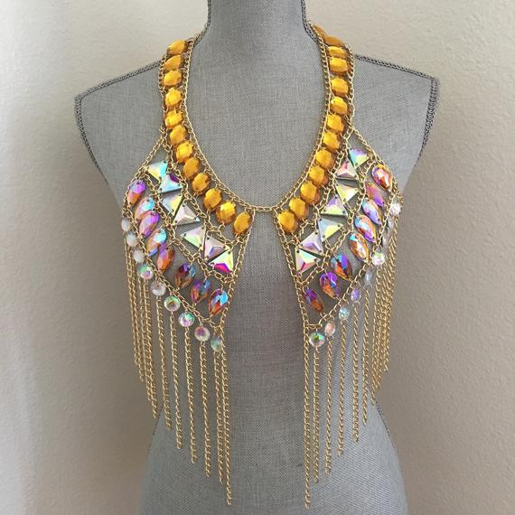Wearing Body Jewelry
 AB color gold body chain body jewelry festival costume wear