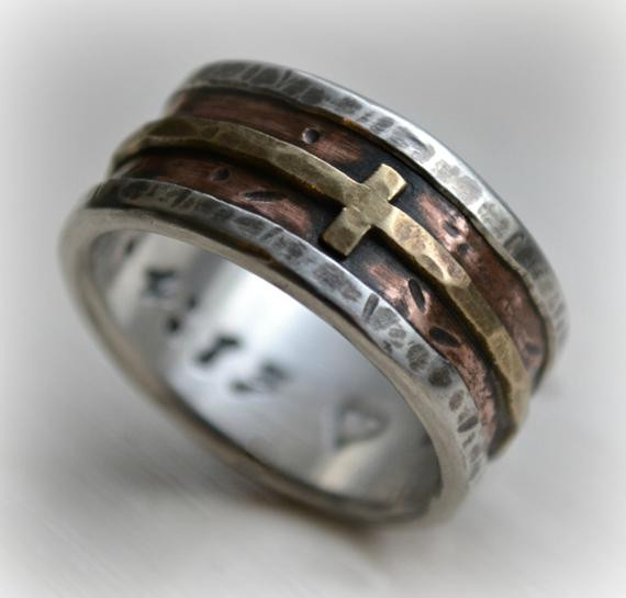 Wedding Band For Men
 mens wedding band rustic fine silver copper and brass cross