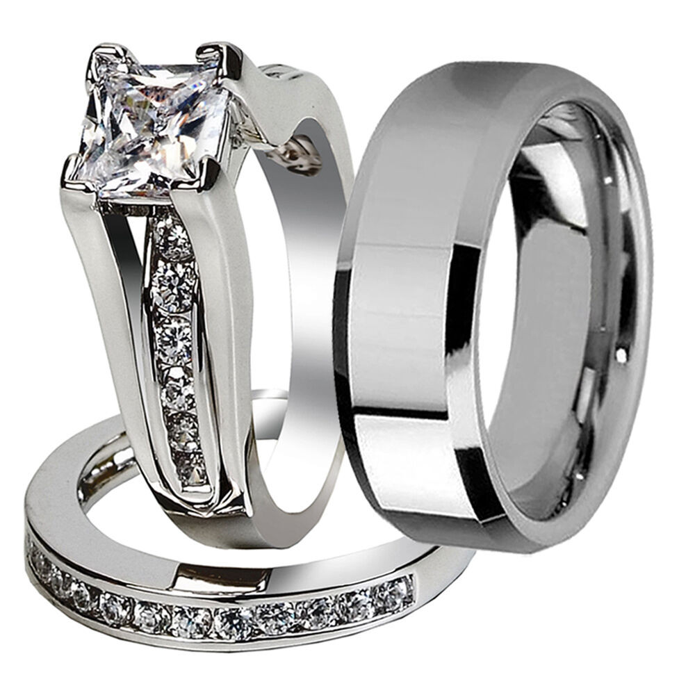 Wedding Bands Sets
 Nice 3 Pcs Her & His Stainless Steel Couple Wedding