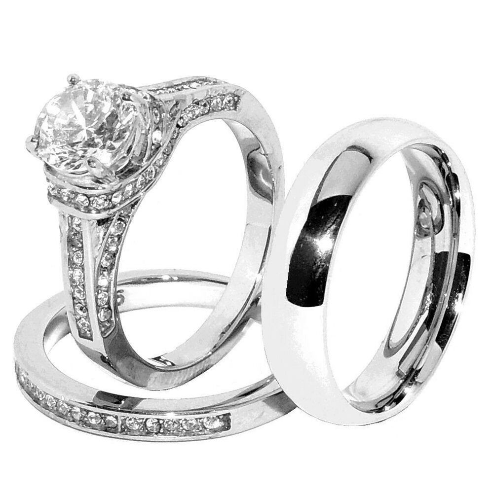 Wedding Bands Sets
 3 PCS Hers Luxury Round CZ Stainless Steel Wedding RING