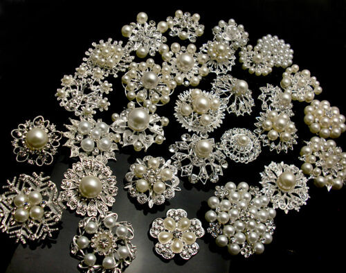 Wedding Brooches
 5 100Silver Pearl Crystal Brooch Button DIY Bridal Wedding