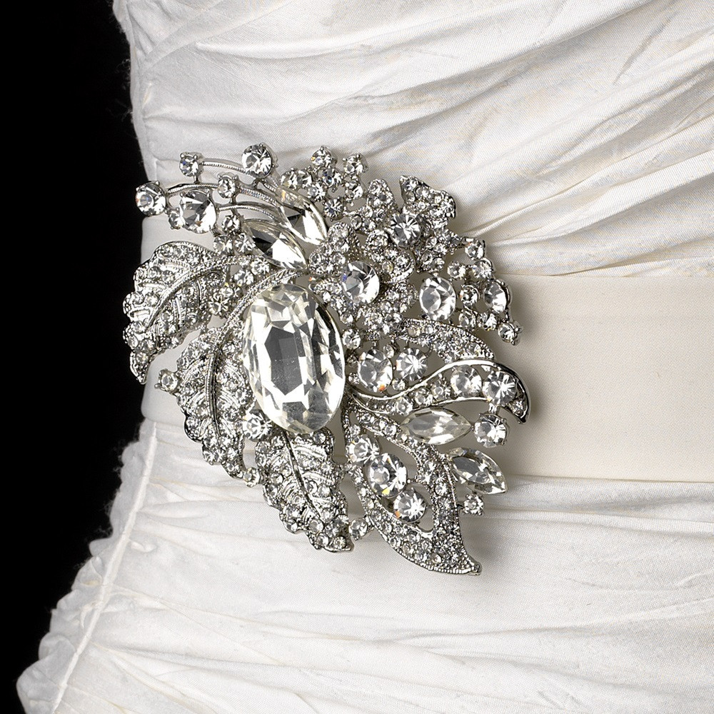 Wedding Brooches
 Wedding Sash Bridal Belt with Silver Clear Crystal Leaf