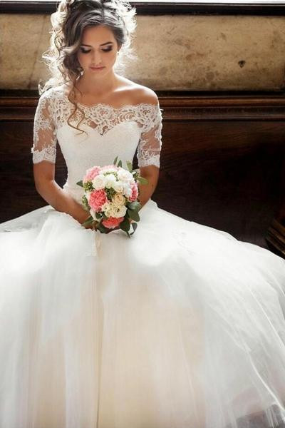 Wedding Dresses Princess
 Illusion f the shoulder Princess Wedding Dress with