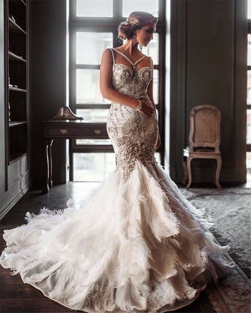 Wedding Dresses With Bling
 Luxury Mermaid Wedding Dresses Custom Rhinestones Feather
