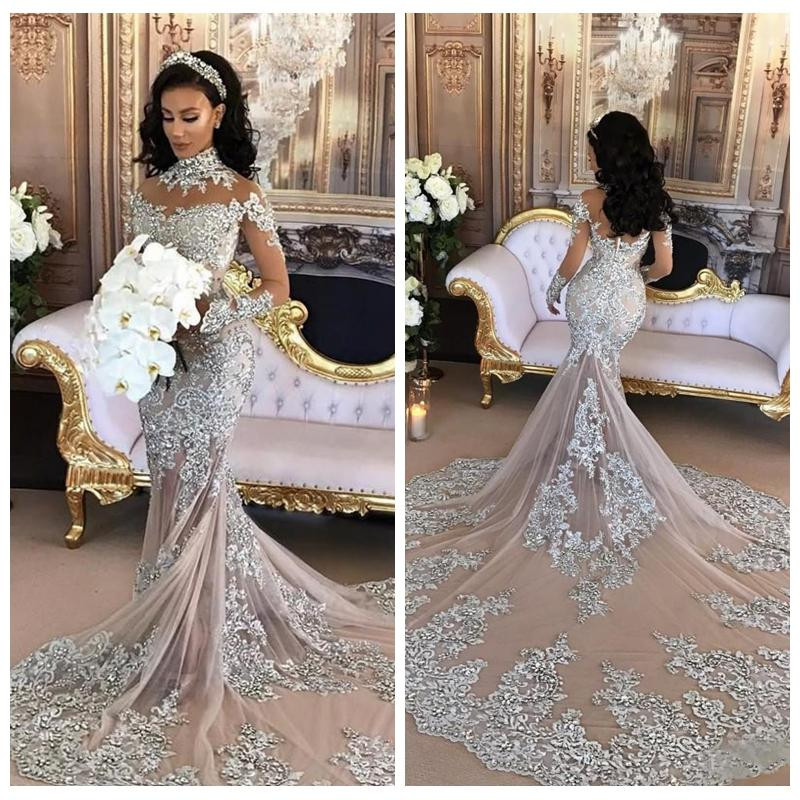 Wedding Dresses With Bling
 High Neck Bling Bling Mermaid Wedding Dress 2018 Sheer