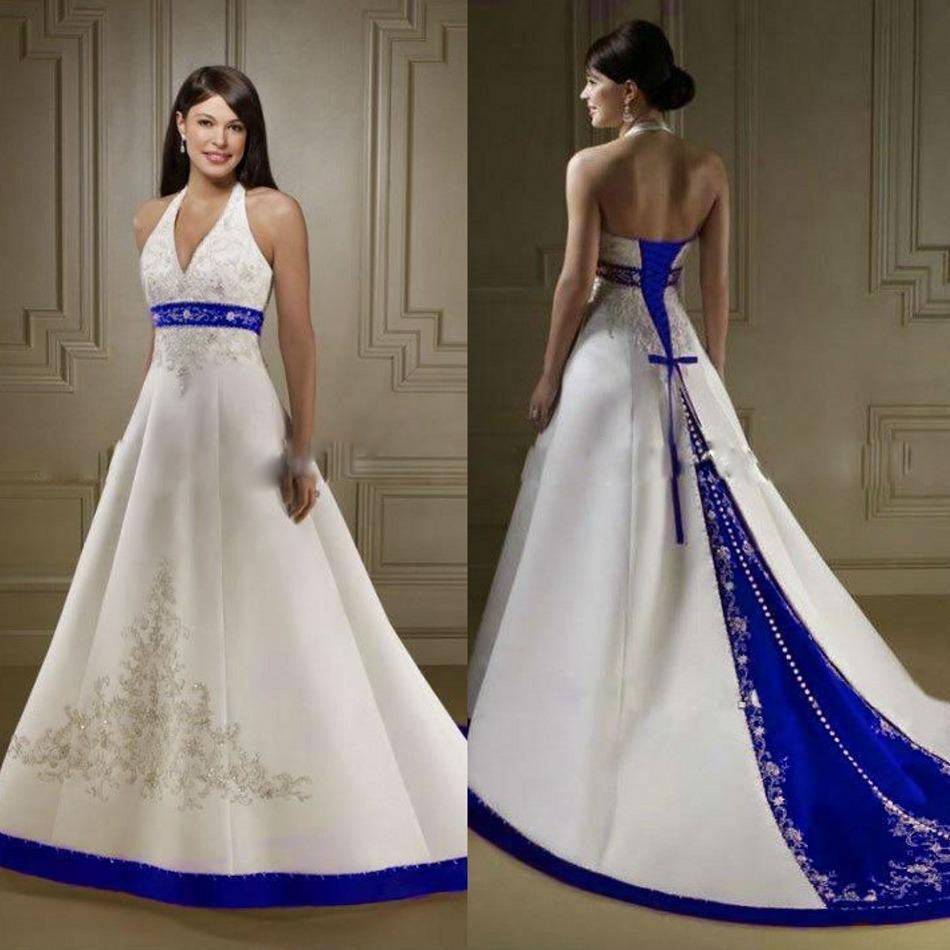 Wedding Dresses With Blue
 2017 Court Train Ivory and Royal Blue A Line Wedding