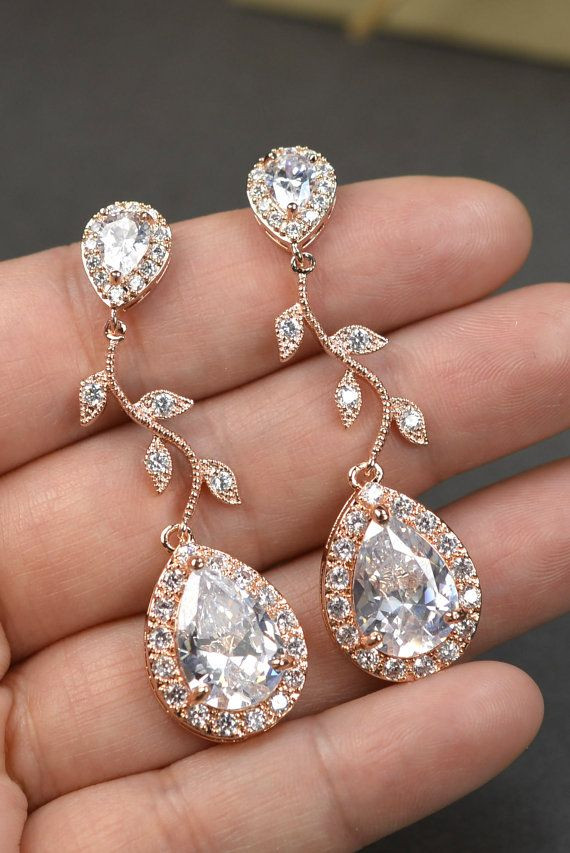 Wedding Drop Earrings
 Rose gold Crystal Bridal earrings Wedding jewelry set
