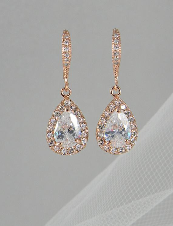Wedding Drop Earrings
 Rose Gold Bridal earrings Pink Gold Wedding jewelry