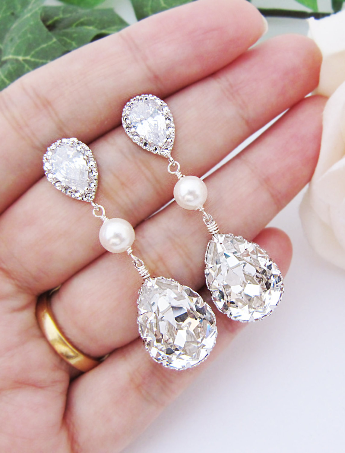 Wedding Drop Earrings
 Bridal Earrings Swarovski Crystal with Pearl Drop Earrings