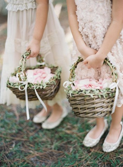Wedding Flower Basket
 Picture baskets decorated with greenery and white