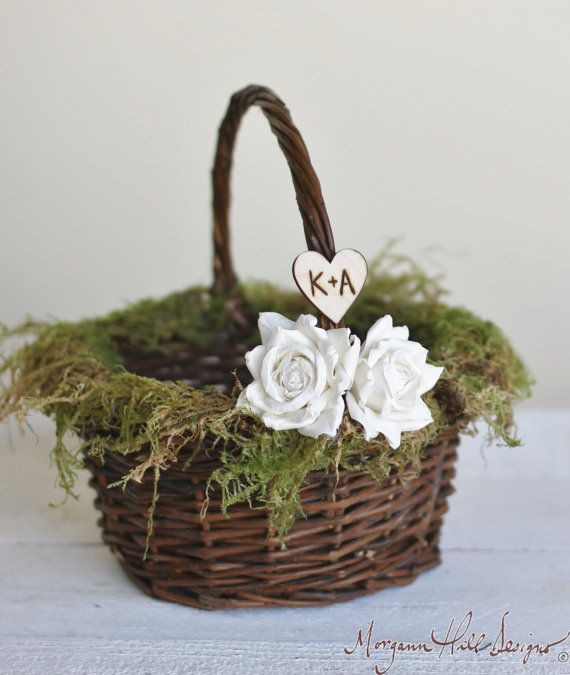 Wedding Flower Basket
 Personalized Flower Girl Basket Rustic Barn Wedding Moss