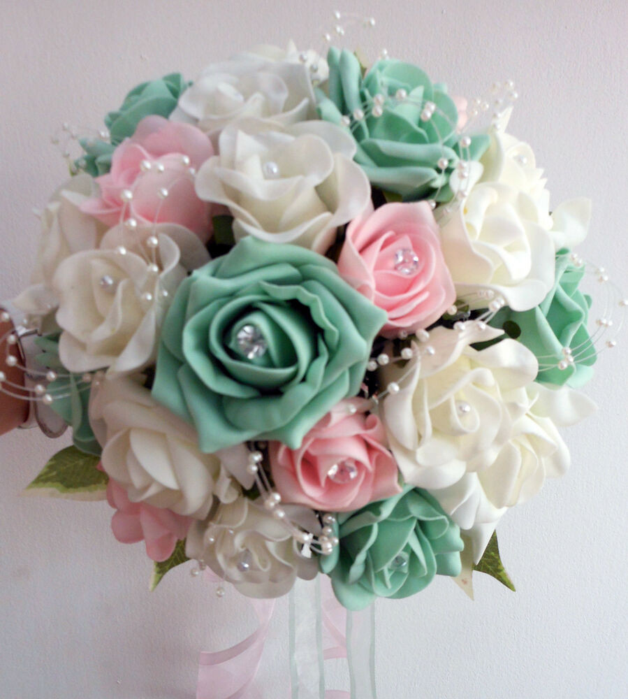 Wedding Flower Basket
 Wedding Flowers Brides Bouquet Ivory & pale pink & mint
