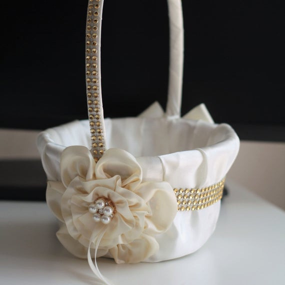 Wedding Flower Basket
 Ivory flower girl basket Ivory gold wedding basket gold