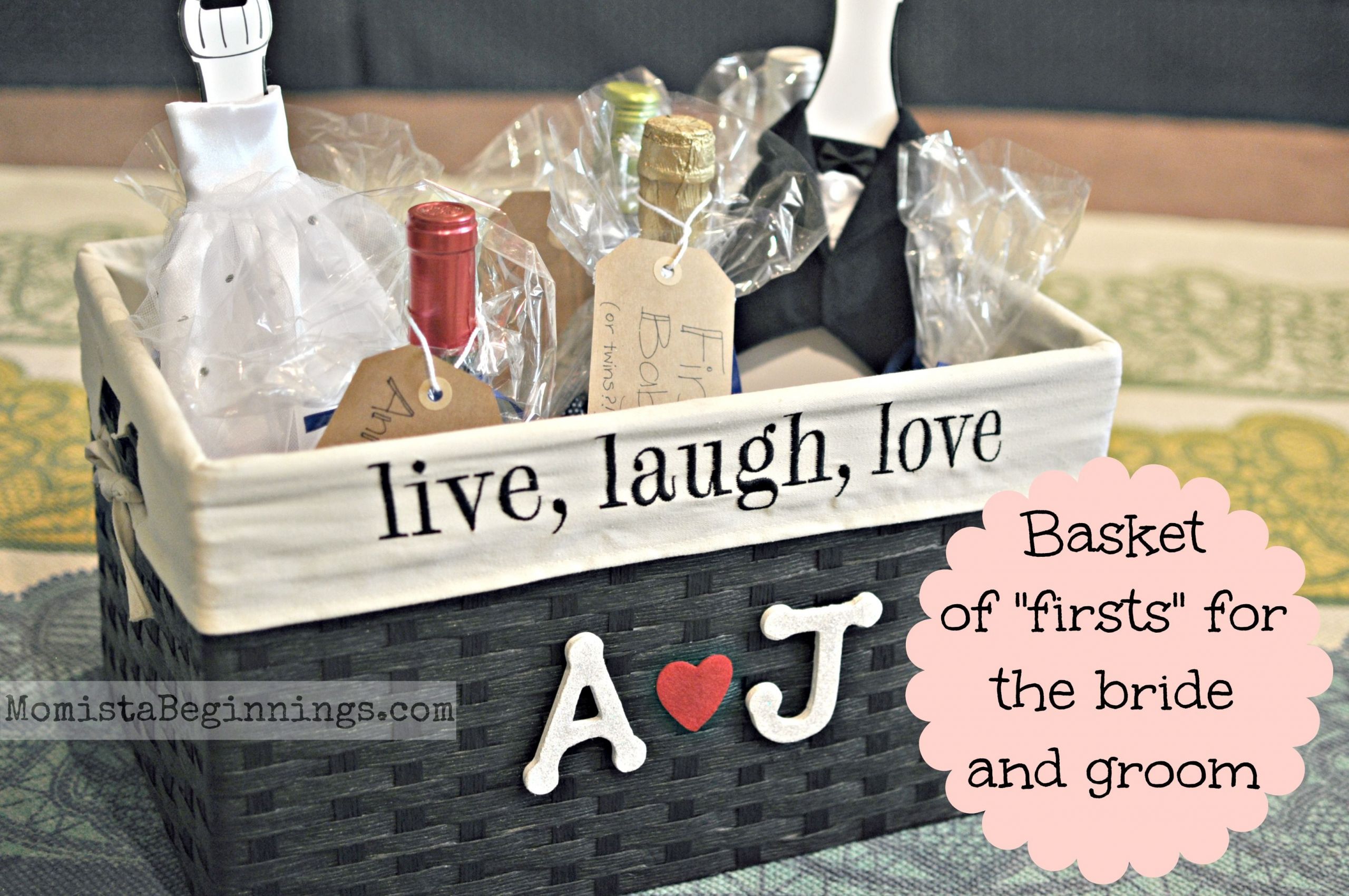 Wedding Gift Basket Ideas For Bride And Groom
 Basket of "firsts" bridal shower t This idea includes