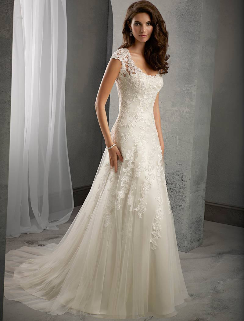 Wedding Gowns With Cap Sleeves
 Ivory Lace Cap Sleeves Court Train Wedding Mermaid Dress