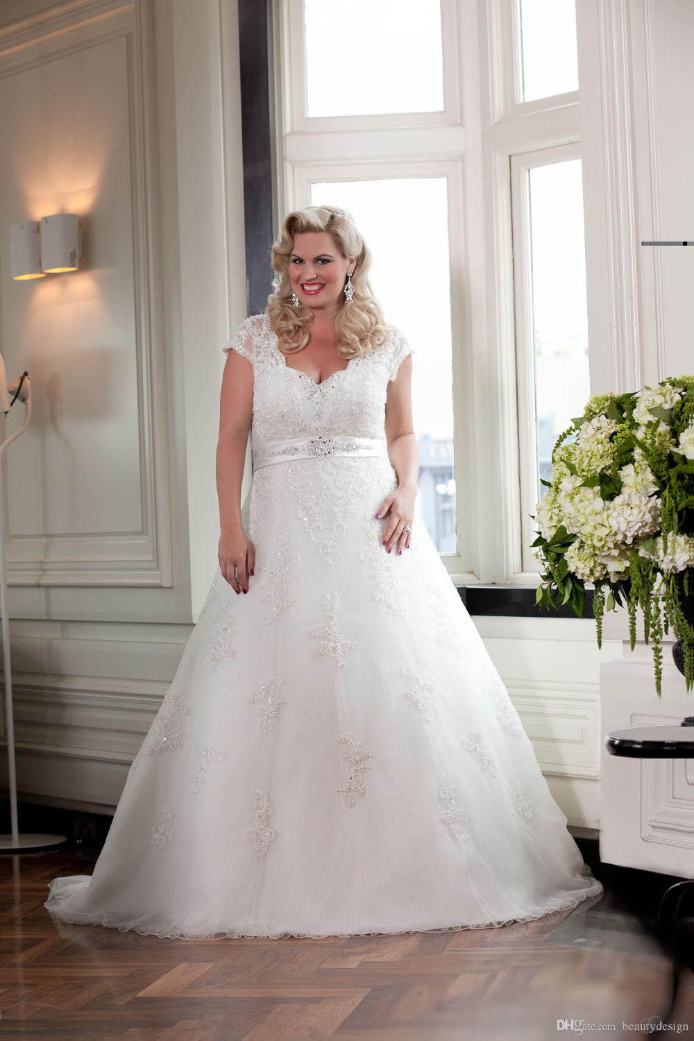 Wedding Gowns With Cap Sleeves
 2015 Style Cap Sleeve V Neck A Line Beaded Lace Plus Size