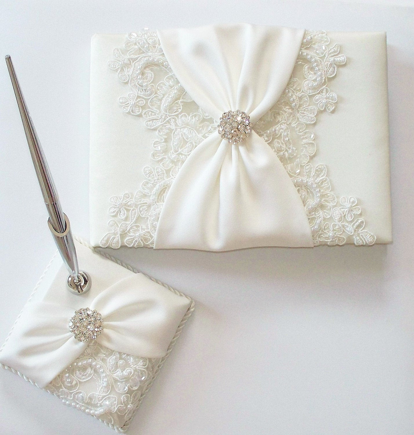 Wedding Guest Book And Pen
 Wedding Guest Book and Pen Set with Beaded Alencon Lace Ivory