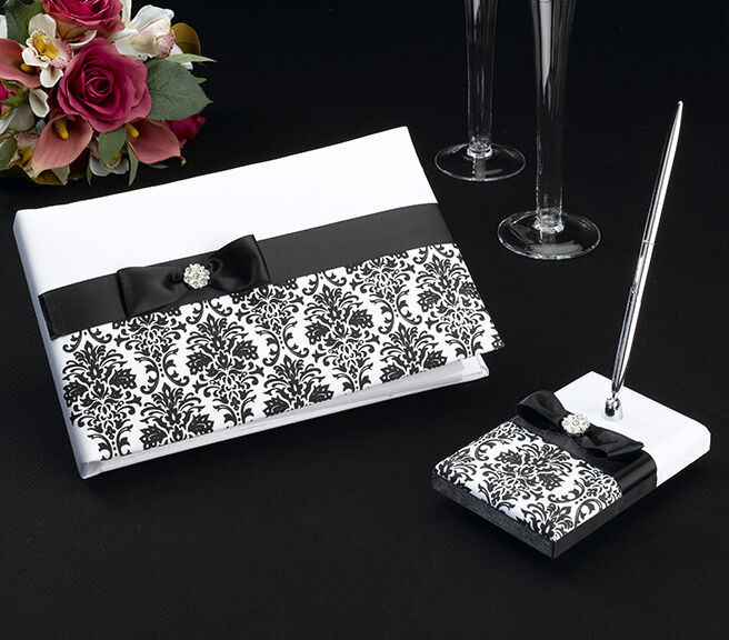 Wedding Guest Book And Pen
 Black And White Damask Satin Covered Wedding Guest Book
