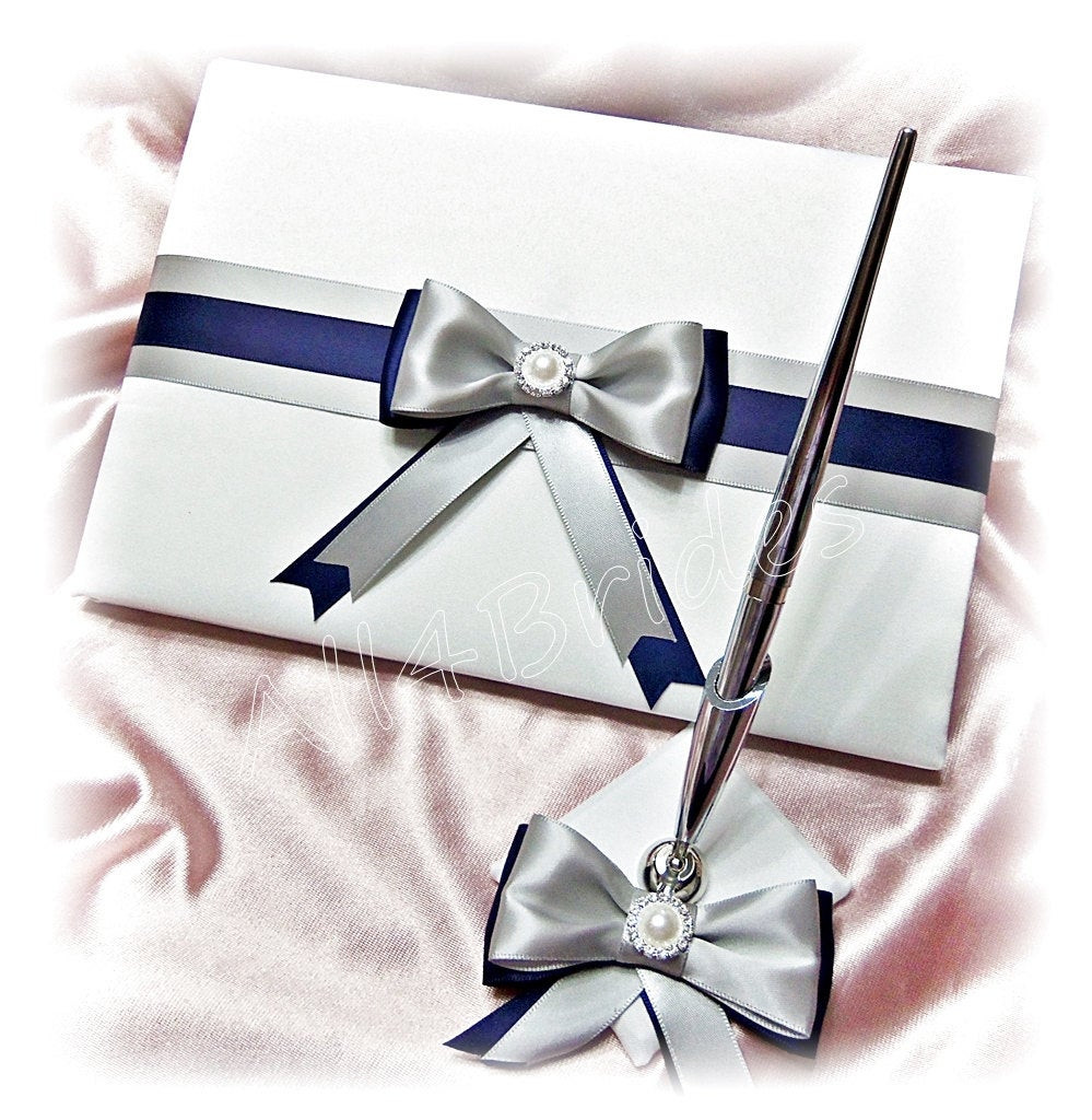 Wedding Guest Book And Pen
 Wedding Guest Book and pen set Navy Blue and Silver Grey