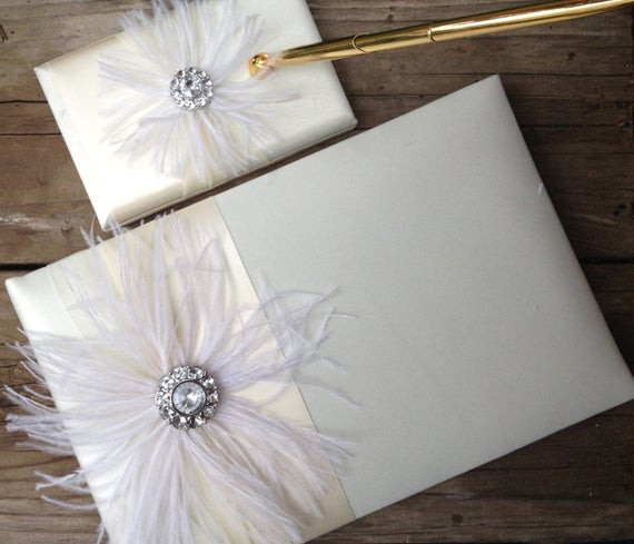 Wedding Guest Book And Pen
 IVORY Ostrich Feather Wedding Guest Book and Pen Set Vintage