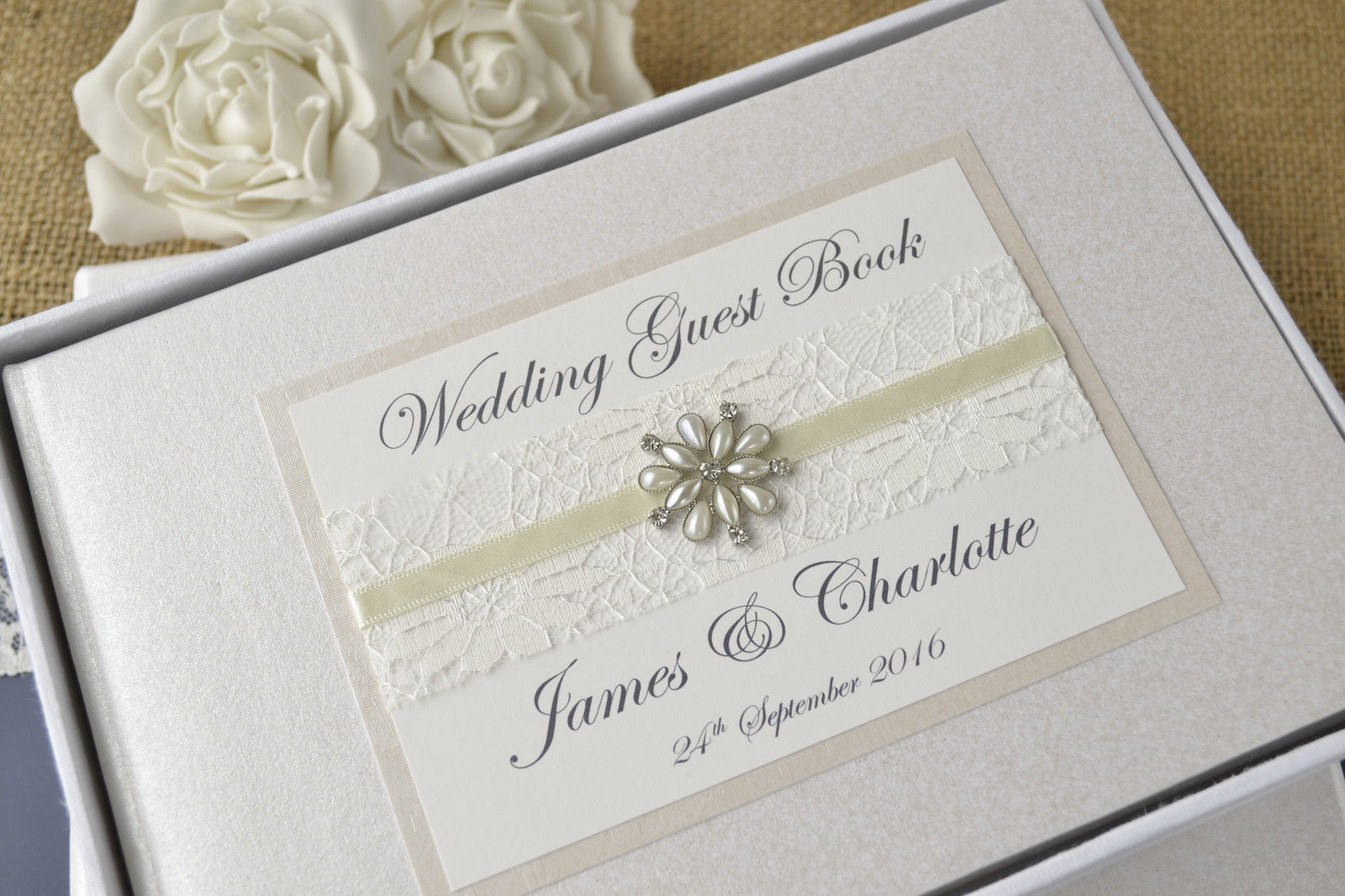 Wedding Guests Books
 Personalised Wedding Guest Book – Vintage lace & jewel