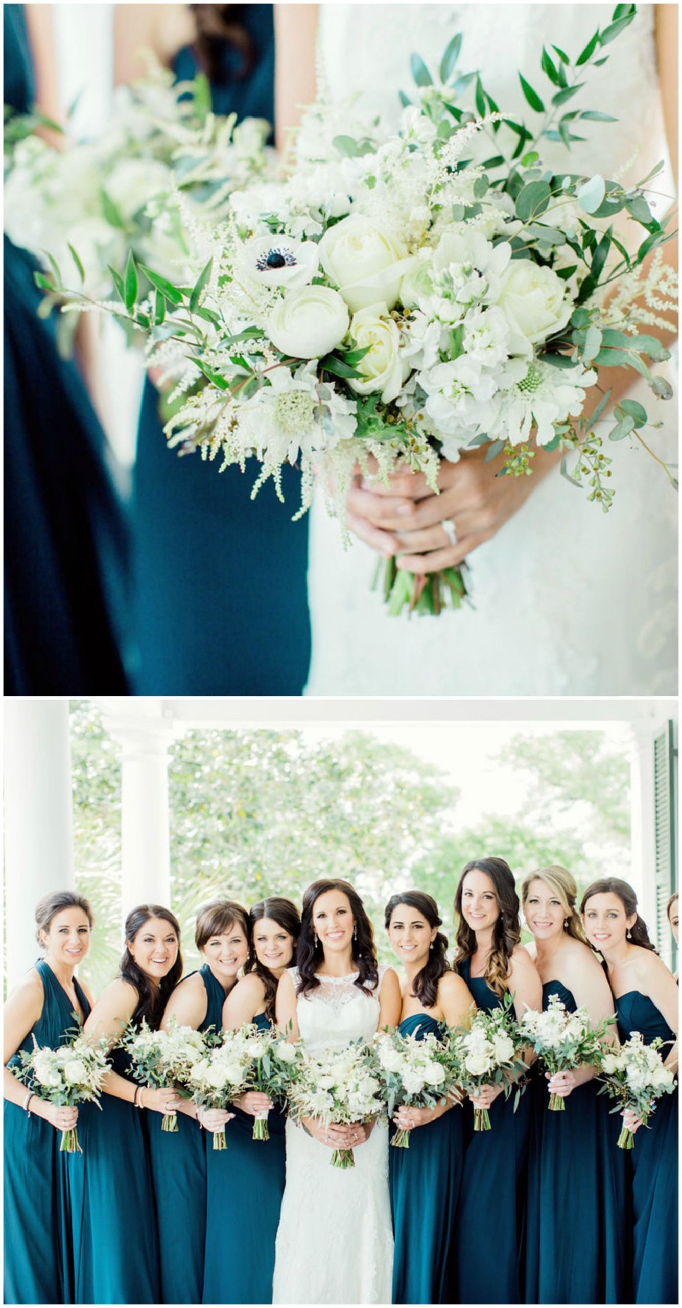 Wedding Party Flowers
 Dark teal bridesmaid dresses all white wedding bouquets