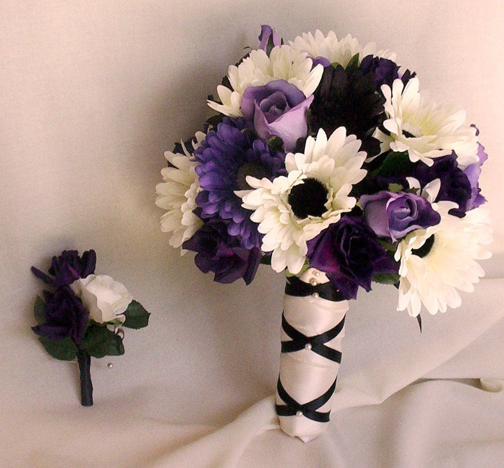 Wedding Party Flowers
 Purple Wedding Flowers Black Ivory Bridal Party Flower Package