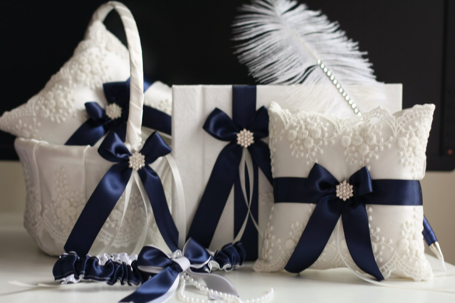 Wedding Pillow And Guest Book Sets
 Navy Flower Girl Basket and Ring Bearer Pillow Wedding