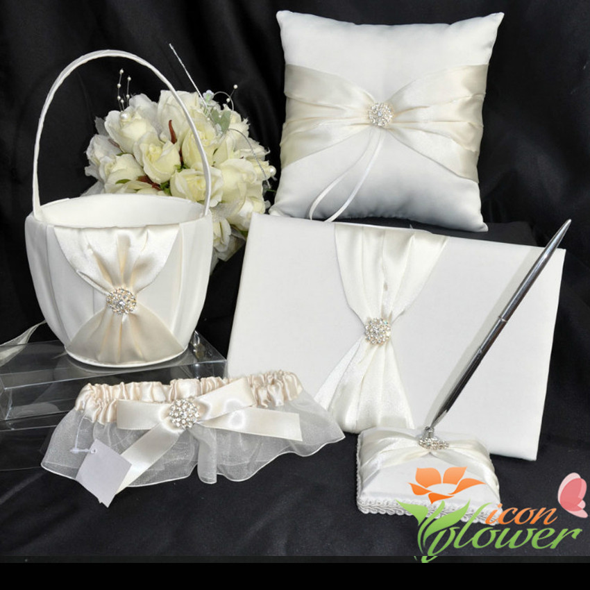 Wedding Pillow And Guest Book Sets
 NL 5Pcs Set Ivory Satin Crystal Wedding Ring Pillow Guest
