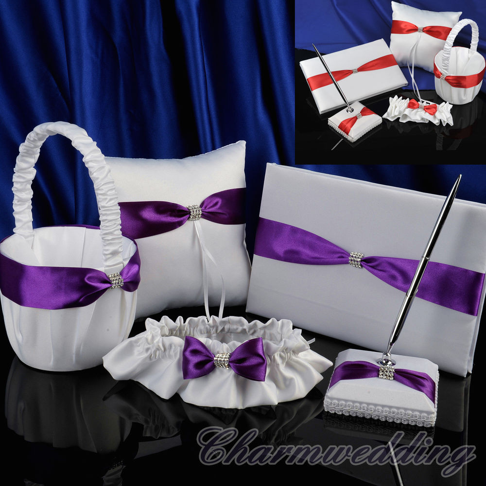 Wedding Pillow And Guest Book Sets
 Wedding Guest Book Pen Set Red Purple Bow Ring Pillow