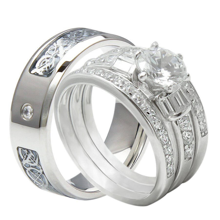 Wedding Rings His And Hers Matching Sets
 4PCS His And Hers Tungsten 925 Sterling Silver Wedding
