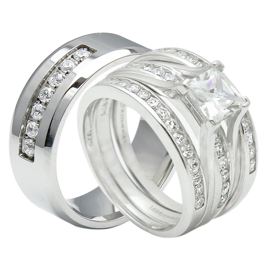 Wedding Rings His And Hers Matching Sets
 4PCS His And Hers Titanium 925 Sterling Silver Wedding