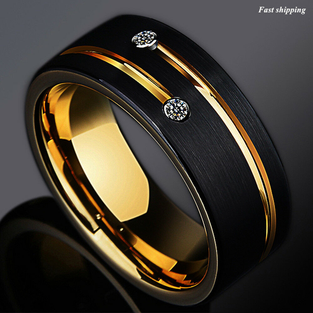 Wedding Rings Men
 8mm Black Brushed Tungsten Ring Gold Grooved Line Diamond